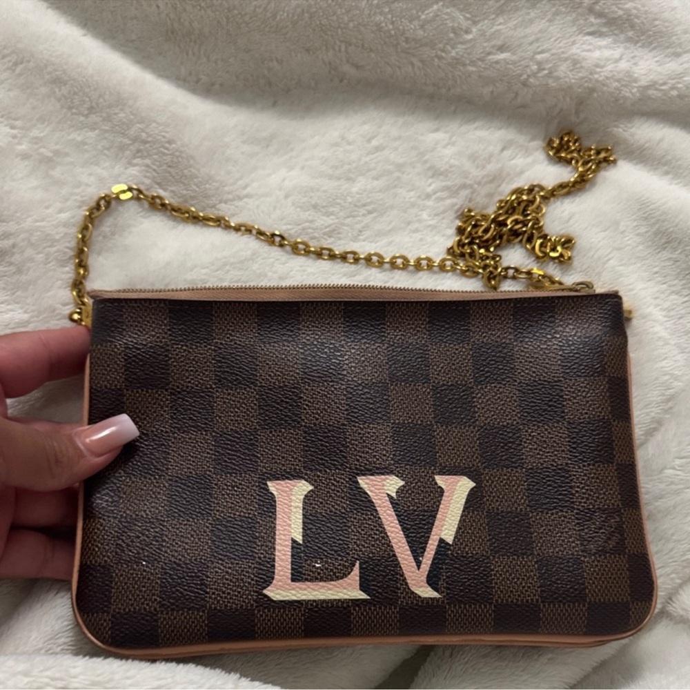 Louis Vuitton Checkered Brown Clutch with Gold Chain
